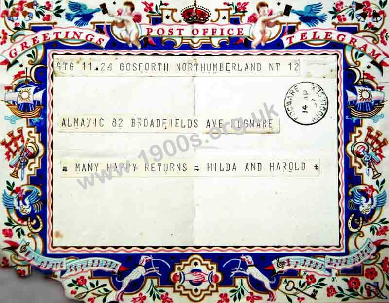 A greetings telegram with the message printed on a teleprinter
