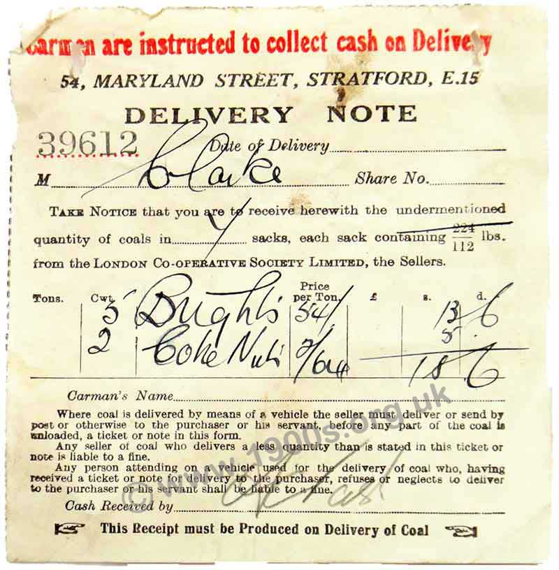 1938 London receipt / delivery note for coal, 
showing the favoured types as 'Brights' and coke nuts