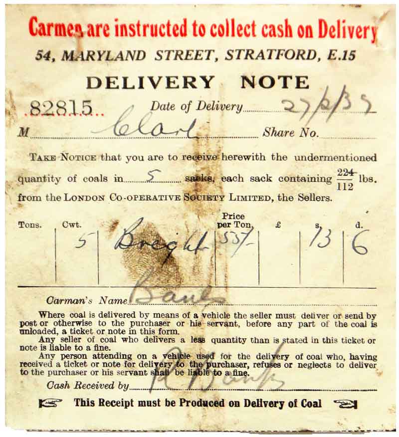 1939 receipt / delivery note from the London Co-op for 'Derby Bights' coal at a cost of 55 shillings/ton ('2-75p in decimal currency).