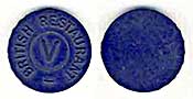blue British Restaurant token labelled V, 1940s