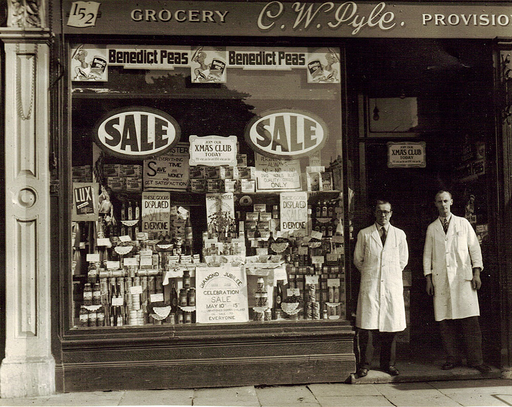 North London family grocer's shop in 1945