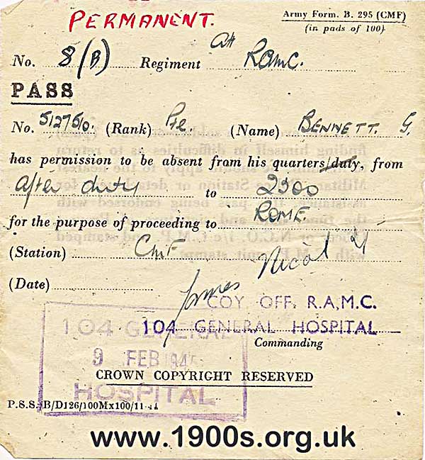 1940s army pass for being absent from quarters for the purpose of travelling to Rome.