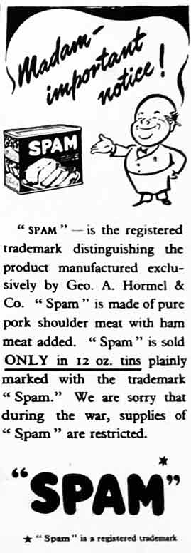 1944 advert for Spam processed pork.