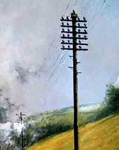 Telegraph poles strung with telegphone wires, a common sight beside British railways in the 1940s and 1950s