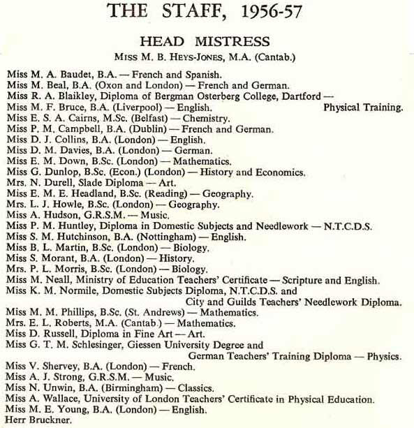 List of school teachers from Copthall County Grammar School in 1957