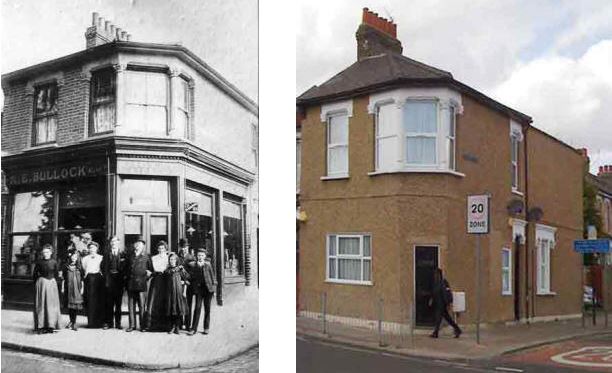 Bullocks General Provision store, Silver Street, Edmonton, early 1900s and now