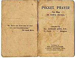 Pocket prayer book, probably given out to wounded soldiers by chaplain of Edmonton Military Hospital in World War One