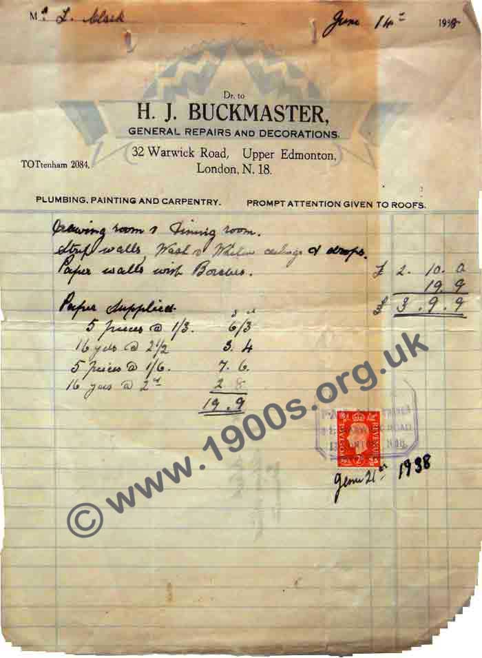 1938 receipt for redecorating a room in a Victorian terrace house
