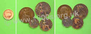 Copper coins in circulation in the early 1900s with a 2009 penny for scale
