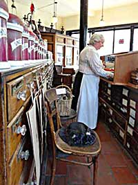 Behind the counter of a Victorian or Edwardian chemist's shop