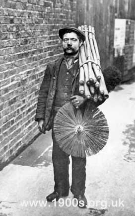 London chimney sweep with equipment, early 1900s