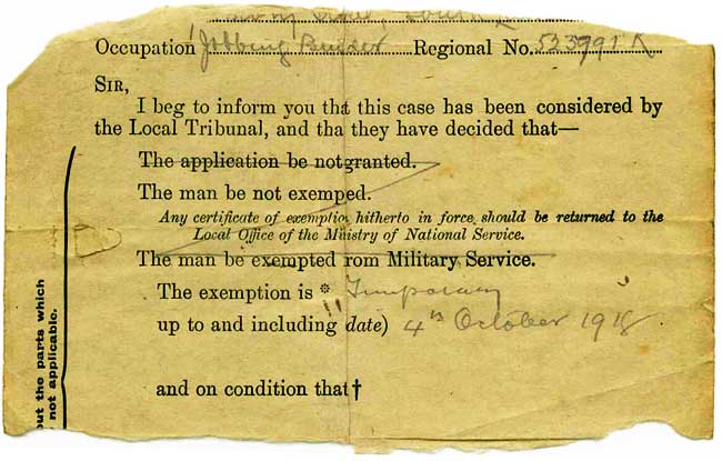 Certificate of exemption from Military Service in the WW1, UK.