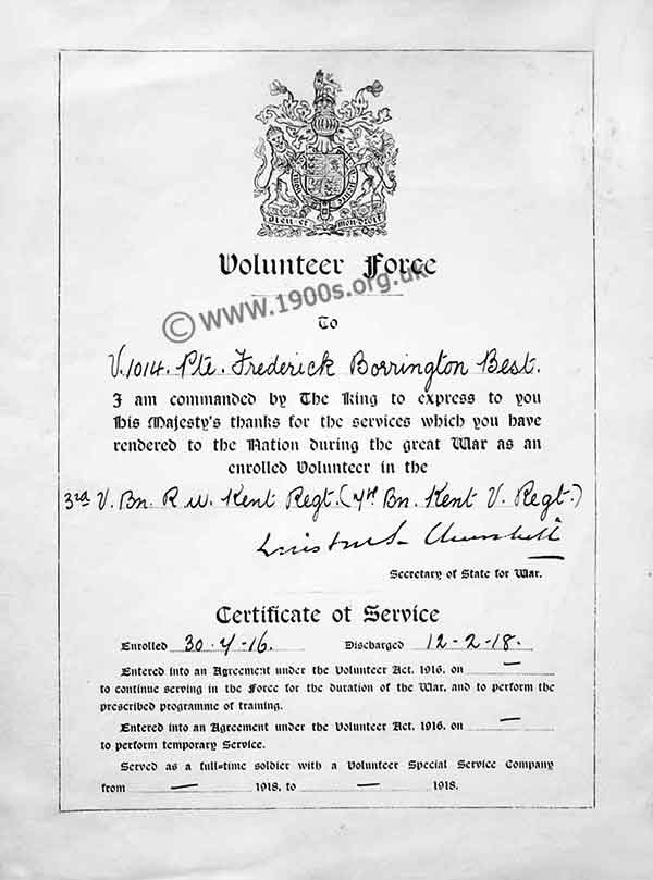 Certificate with signature of Winston Churchill for services rendered in the WW1 Volunteer Force, thumbnail