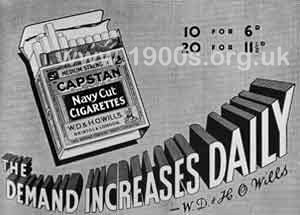 Advert in a 1939 magazine for Capstan Navy Cut cigarettes, showing prices of packets of 10 and 20