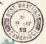 Stamp of Post Office receiving the telegram, showing date received and location of the Post Office, in this case 9 July 1939 at West Wratting, Cambridgeshire, England