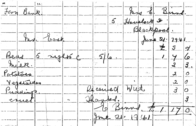 Receipt for lodgings and meals for five nights in Blackpool in 1941, thumbnail