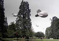 WW2 barrage balloons in the sky of UK