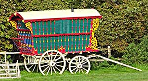 A colourful restored gypsy caravan 