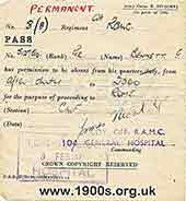 1940s army pass for being absent from quarters for the purpose of travelling to Rome.