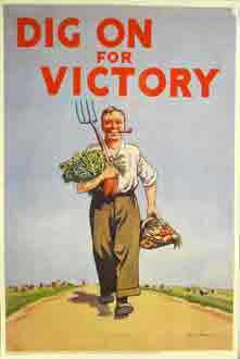 WW2 poster encouraging households to grow their own vegetables, 'Dig On for Victory'.