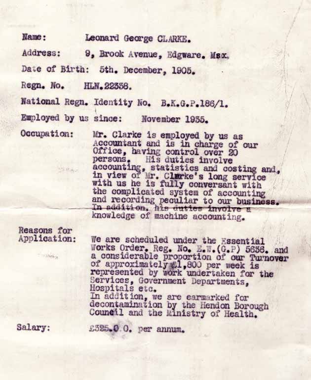 Outline claim for exemption from military service in World War Two