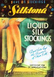Poster for Silktona, liquid used to paint women's legs to make them appear to be wearing silk stockings.
