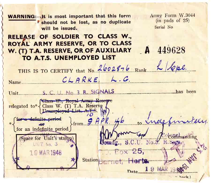 1946 interim British release certificate from WW2 to the Territorial Reserves