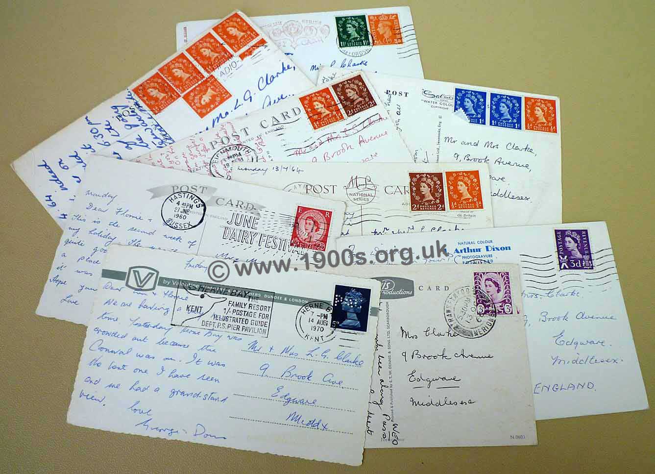 Postcards showing pre-decimal Elizabeth II UK postage stamps - thumbnail.
