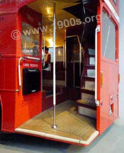 Entrance to a 1940s/1950s red double-decker London bus