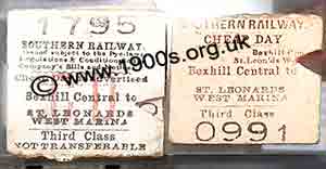 Old British return train tickets, (designed to be torn into two halves) and used as shown by the clip