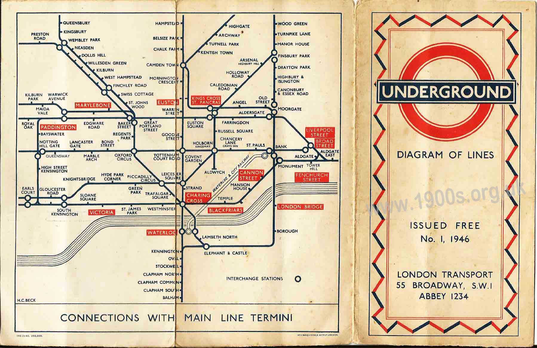 London underground/tube map with main line interchanges, 1946