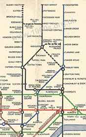 Section of 1946 London Underground map showing envisaged extensions to lines.