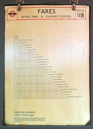 Grid displayed on London buses in the mid 1900s showing 'fare stages' between bus stops