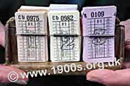 Small rack of bus tickets as used on rural buses during and just after World War Two.