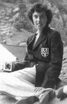 Uniform of Copthall County Grammar School, 1950s: school blazer with badge worn with a striped summer dress, small image