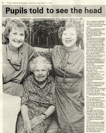 Newspaper cutting on the Golden Jubilee of Copthall School showing its first three headmistresses
