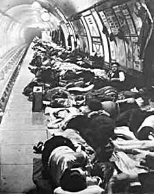 People taking shelter from bombs on platforms of the London Underground in World War Two.