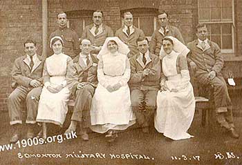 Small group of soldiers and nurses at Edmonton Military Hospital in World War One