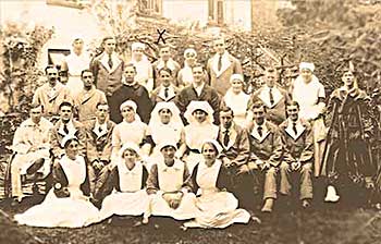 Wounded soldiers and nurses of Edmonton Military Hospital as guests at a wedding party in a nearby house, 1918.