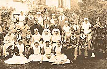 Wounded soldiers and nurses of Edmonton Military Hospital as guests at a wedding party in a nearby house, 1918.