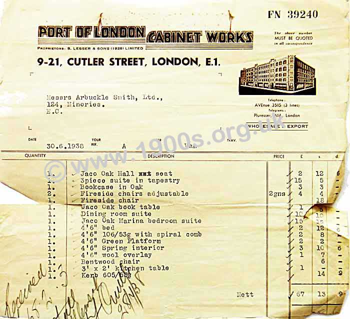 1938 receipt for furnishings showing the 1938 prices
