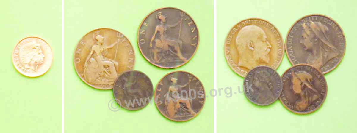 Copper coins in circulation in the early 1900s with a 2009 penny for scale