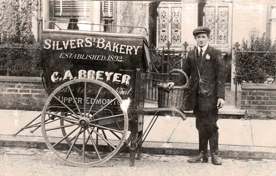 Two-wheel hand cart used by bakers and bakers boys to deliver bread and other bakery, about 1903