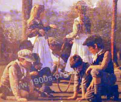 Streetgames for chidren in the early 1900s: boys playing marbles and girls with wooden hoops.