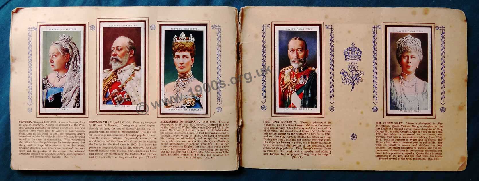 double page spread of a 1930s cigarette card album put up by Players Cigarettes with the theme of English kings and queens 1066-1939.