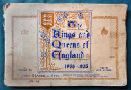 Thumbnail image of the front cover of a late 1930s UK cigarette card album put up by Players Cigarettes, costing one penny and with the theme of Kings and Queens of England 1066-1935