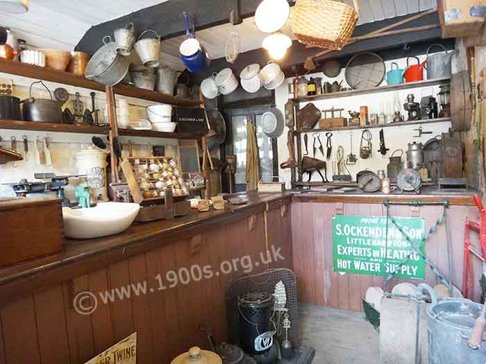 Inside an ironmongers shop showing its many wares