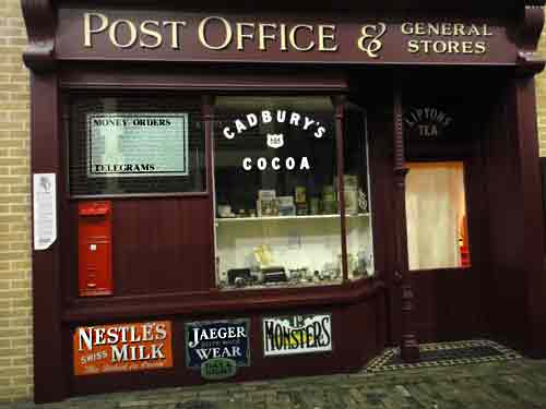 Front of life-size reproduction Edwardian Post Office in Milestones Museum, Basingstoke.