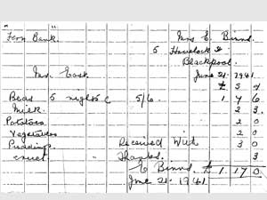 Bill for food at a holiday boarding house in 1941